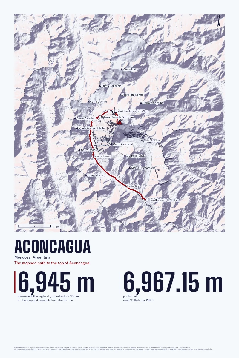 Aconcagua in Relief on Alpenglow, with the The mapped path to the top of Aconcagua in Blood Red and its camps named.