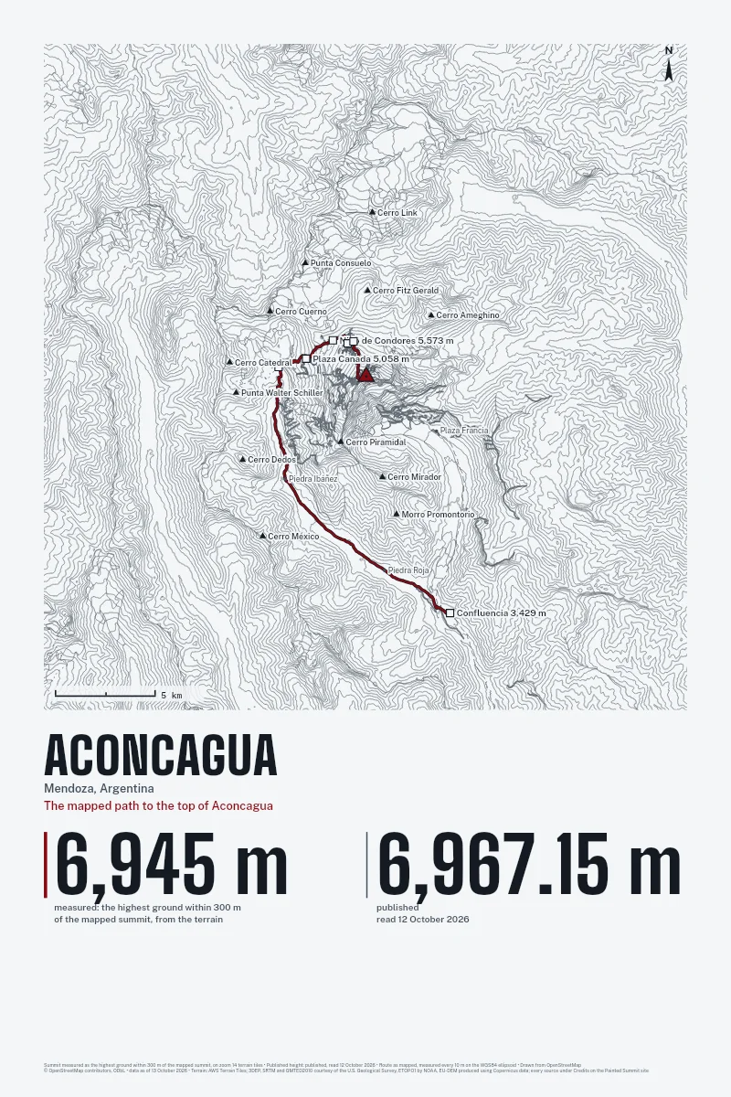 Aconcagua in Survey on Ink, with the The mapped path to the top of Aconcagua in Blood Red and its camps named.