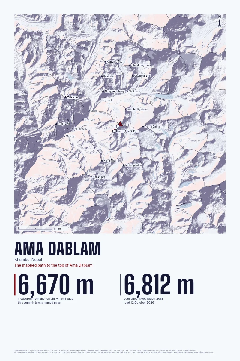 Ama Dablam in Relief on Alpenglow, with the The mapped path to the top of Ama Dablam in Blood Red and its camps named.