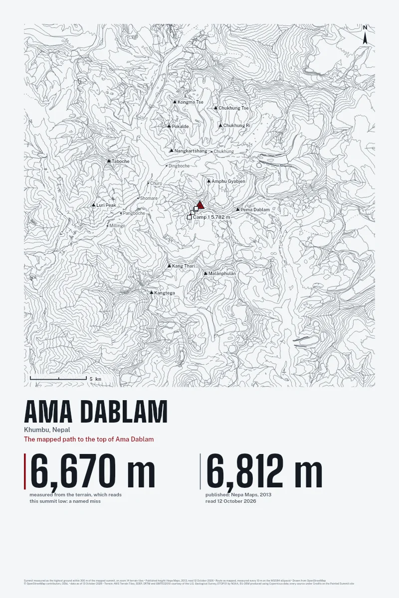 Ama Dablam in Survey on Ink, with the The mapped path to the top of Ama Dablam in Blood Red and its camps named.