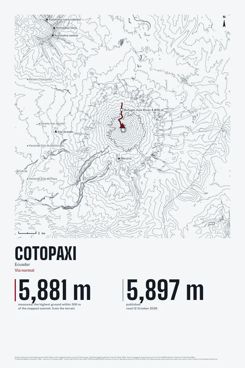Cotopaxi in Survey on Ink, with the Vía normal in Blood Red and its camps named.