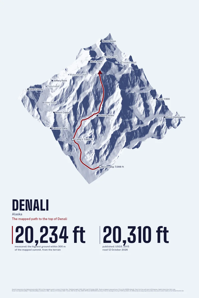 Denali in Oblique on Morning, with the The mapped path to the top of Denali in Blood Red and its camps named.