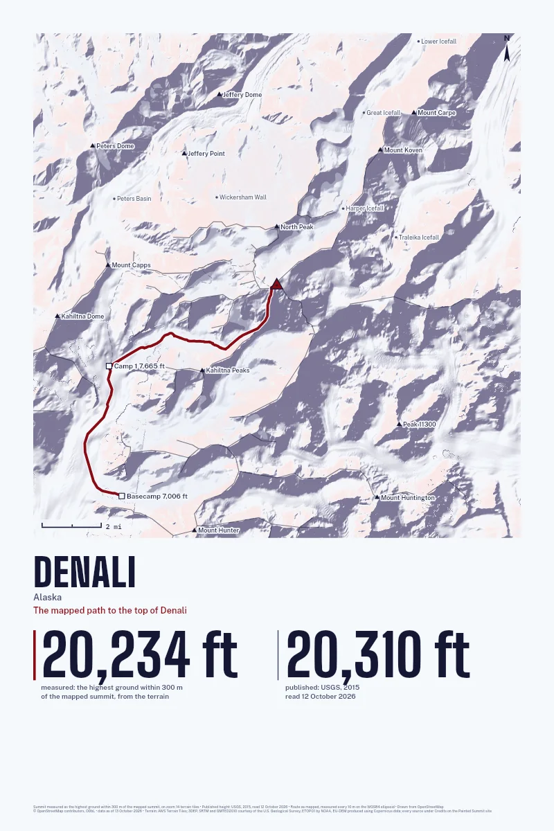 Denali in Relief on Alpenglow, with the The mapped path to the top of Denali in Blood Red and its camps named.