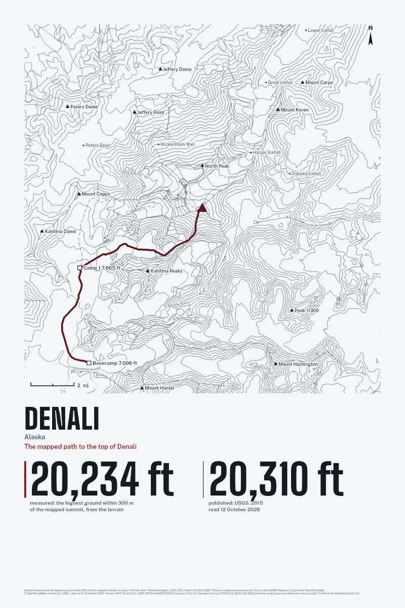 Denali in Survey on Ink, with the The mapped path to the top of Denali in Blood Red and its camps named.