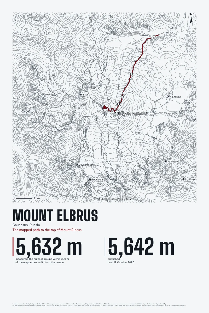Mount Elbrus in Survey on Ink, with the The mapped path to the top of Mount Elbrus in Blood Red and its camps named.