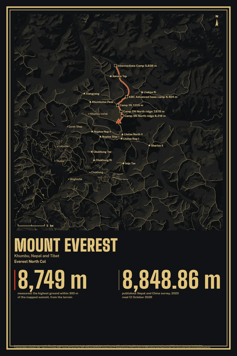 Mount Everest in Gilt on Black & Gold, with the Everest North Col in Vermilion and its camps named.