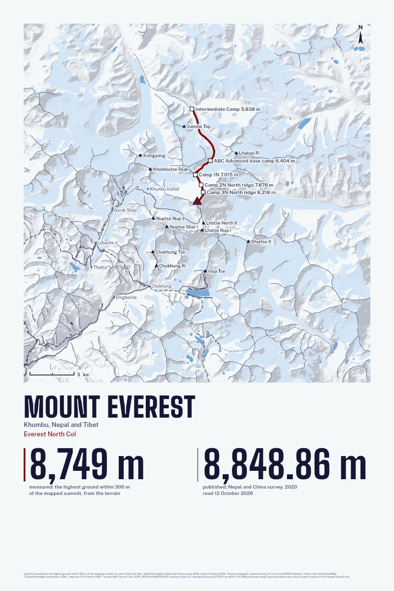 Mount Everest in Route on Topo, with the Everest North Col in Blood Red and its camps named.