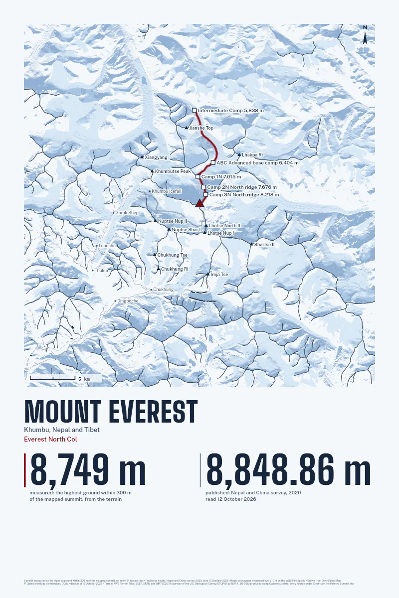 Mount Everest in Watercolour on Glacier, with the Everest North Col in Blood Red and its camps named.