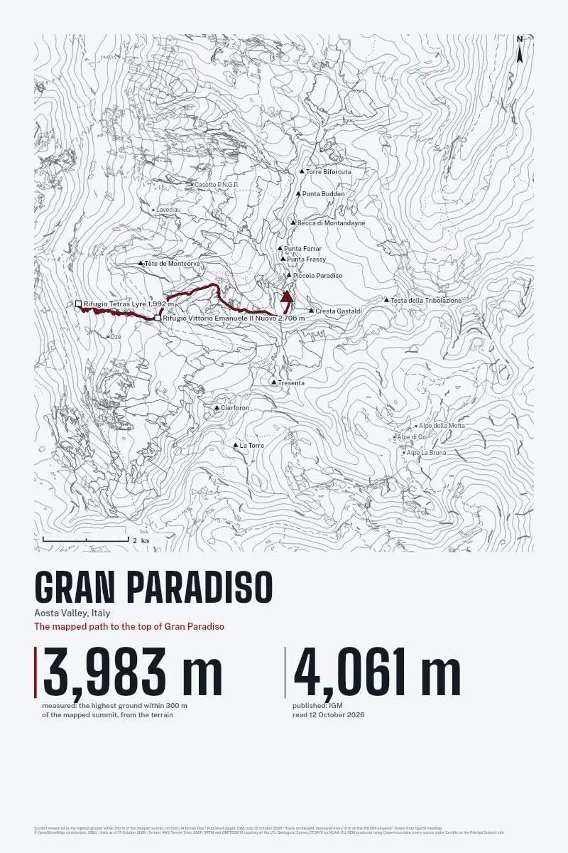 Gran Paradiso in Survey on Ink, with the The mapped path to the top of Gran Paradiso in Blood Red and its camps named.