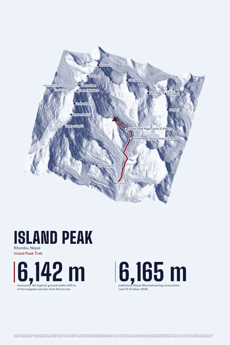 Island Peak in Oblique on Morning, with the Island Peak Trek in Blood Red and its camps named.