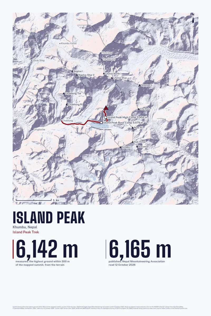 Island Peak in Relief on Alpenglow, with the Island Peak Trek in Blood Red and its camps named.