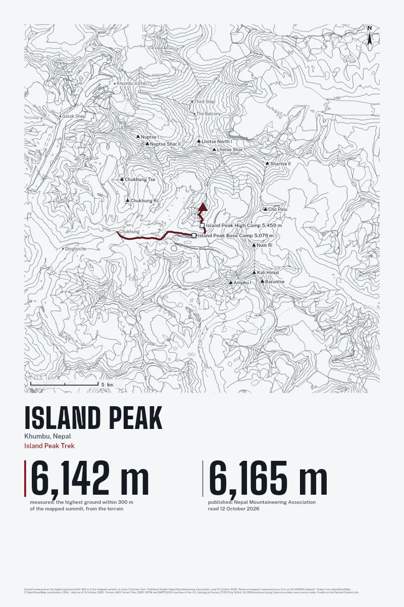 Island Peak in Survey on Ink, with the Island Peak Trek in Blood Red and its camps named.