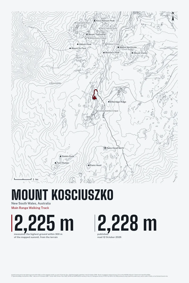 Mount Kosciuszko in Survey on Ink, with the Main Range Walking Track in Blood Red and its camps named.