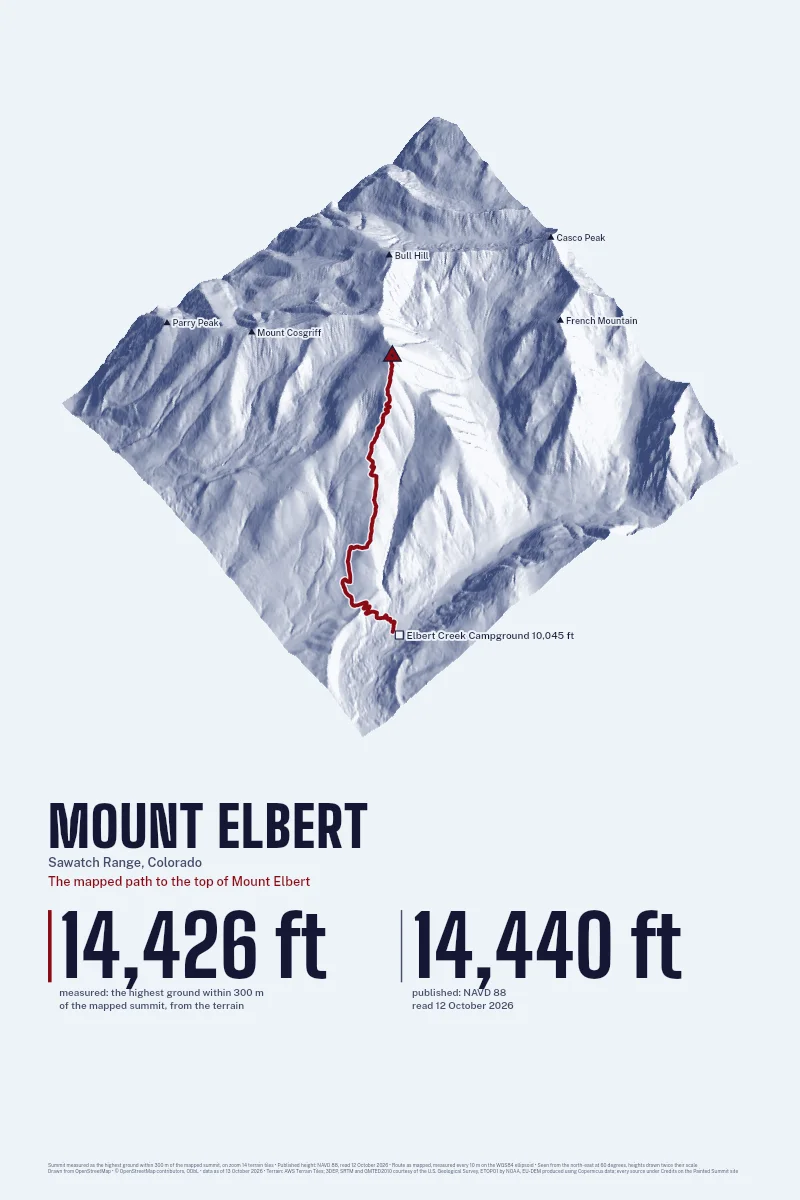 Mount Elbert in Oblique on Morning, with the The mapped path to the top of Mount Elbert in Blood Red and its camps named.