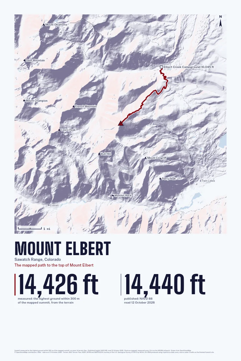 Mount Elbert in Relief on Alpenglow, with the The mapped path to the top of Mount Elbert in Blood Red and its camps named.