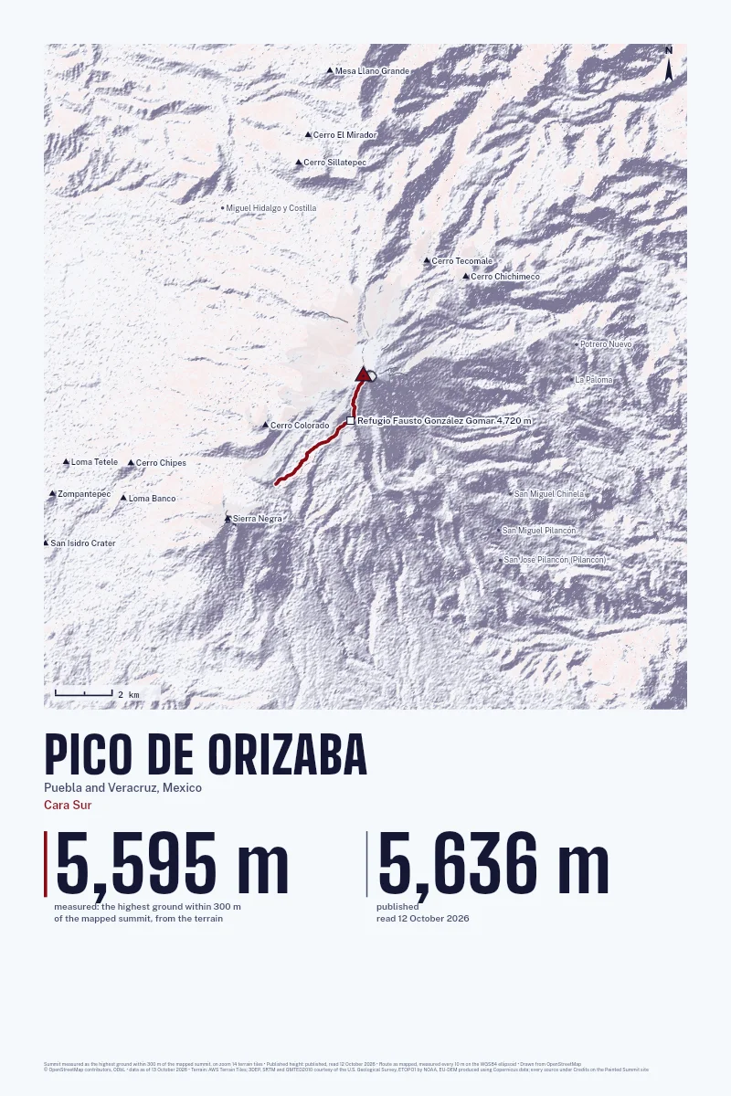 Pico de Orizaba in Relief on Alpenglow, with the Cara Sur in Blood Red and its camps named.