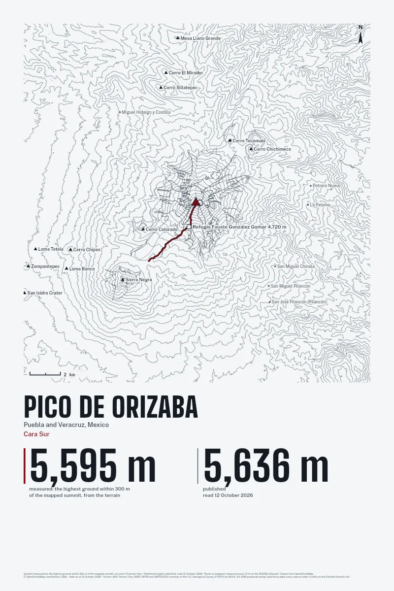 Pico de Orizaba in Survey on Ink, with the Cara Sur in Blood Red and its camps named.