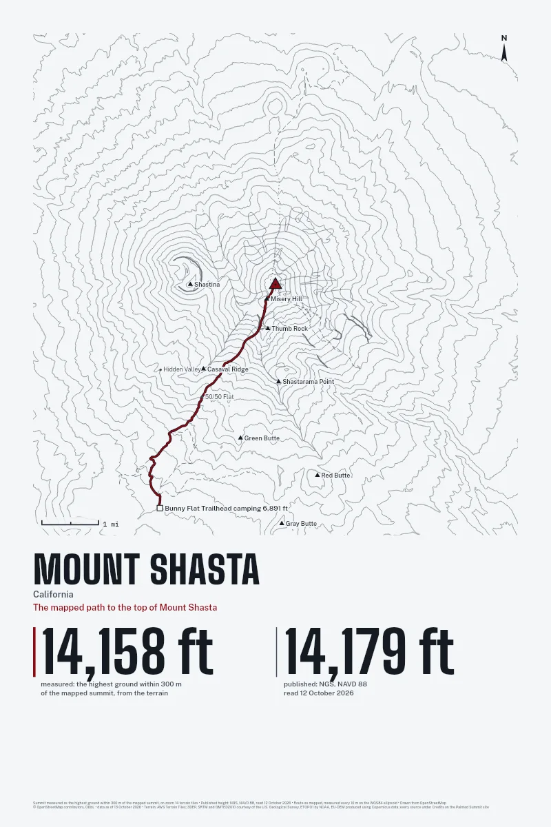 Mount Shasta in Survey on Ink, with the The mapped path to the top of Mount Shasta in Blood Red and its camps named.