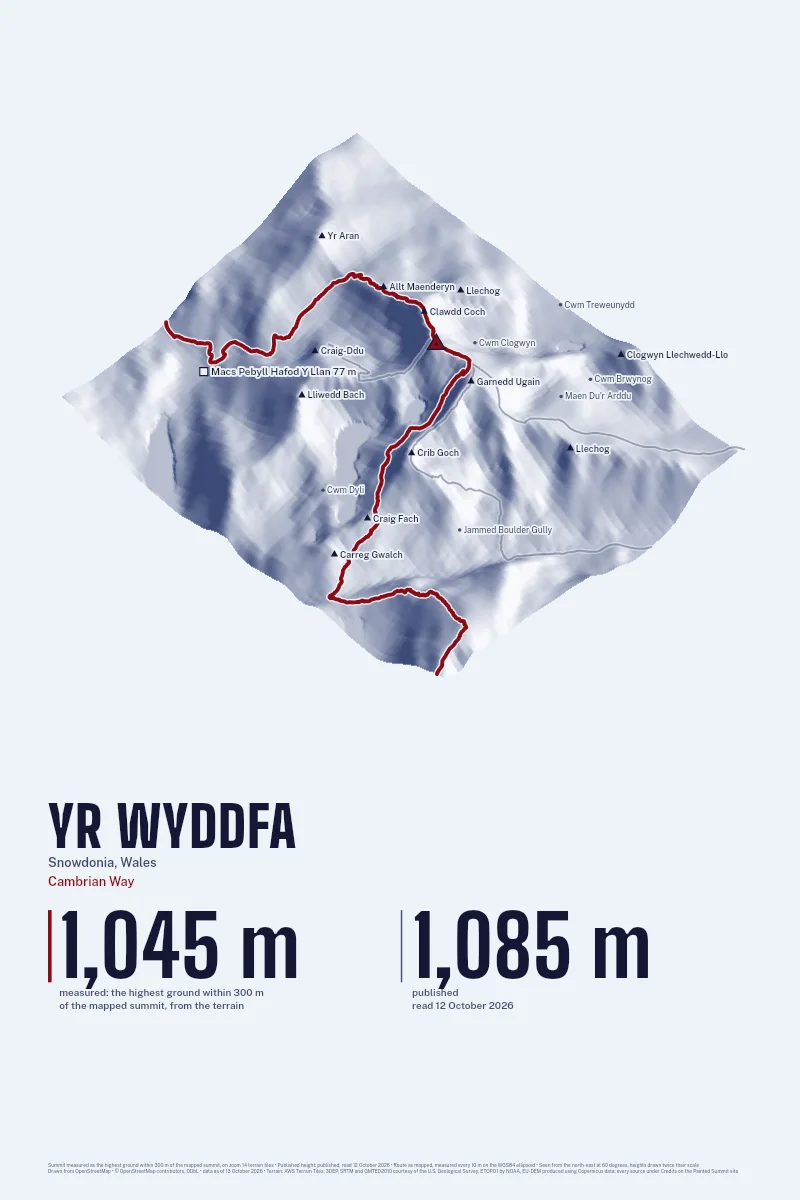 Yr Wyddfa in Oblique on Morning, with the Cambrian Way in Blood Red and its camps named.