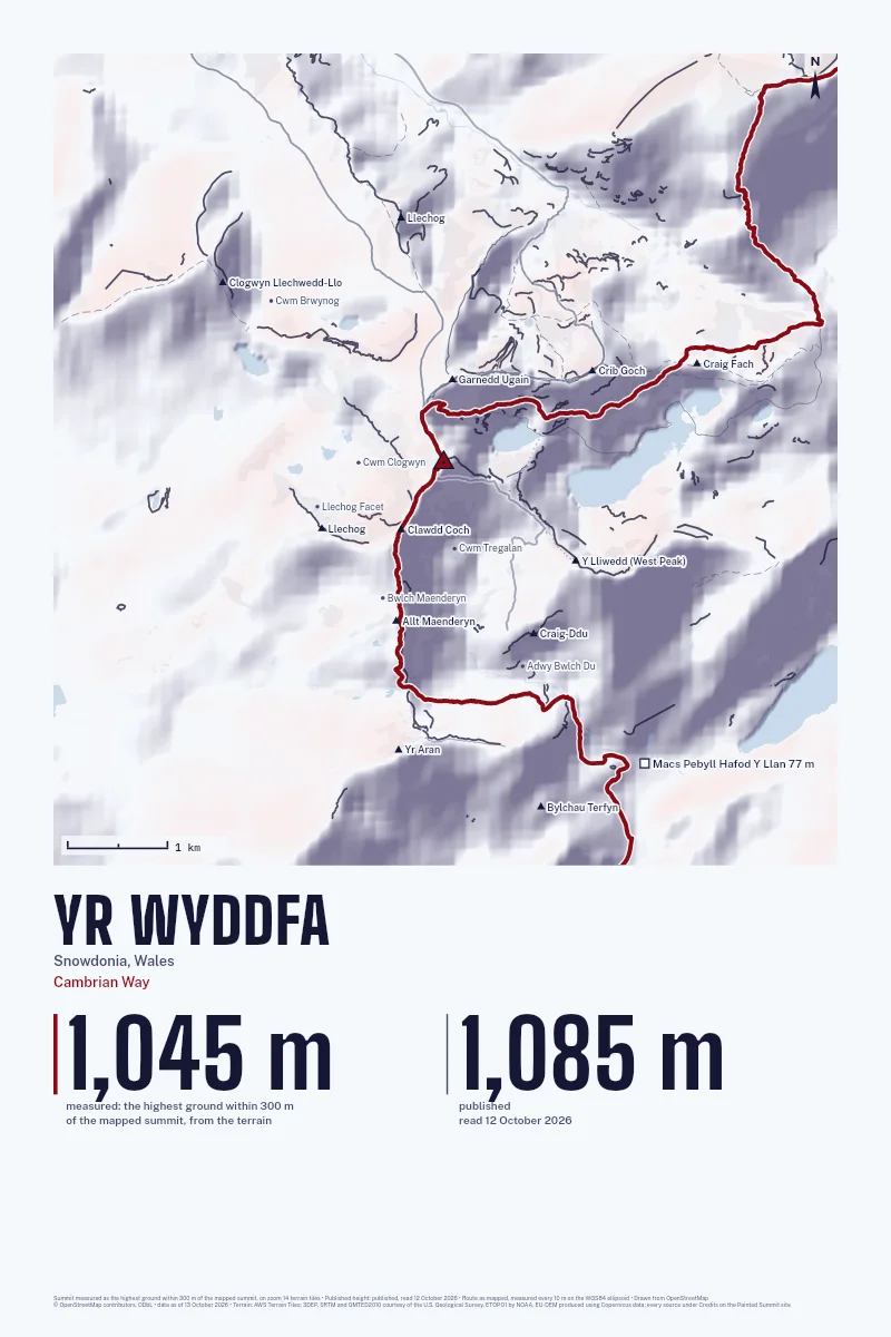 Yr Wyddfa in Relief on Alpenglow, with the Cambrian Way in Blood Red and its camps named.