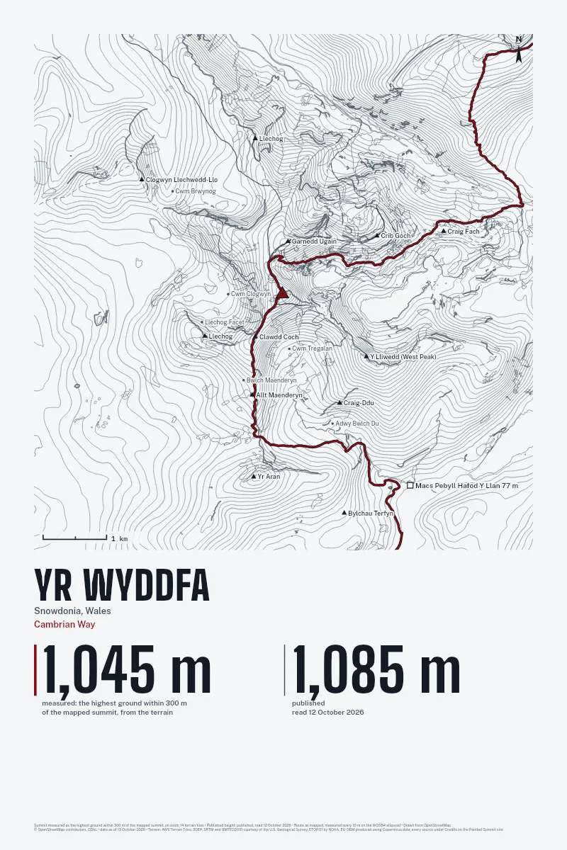 Yr Wyddfa in Survey on Ink, with the Cambrian Way in Blood Red and its camps named.