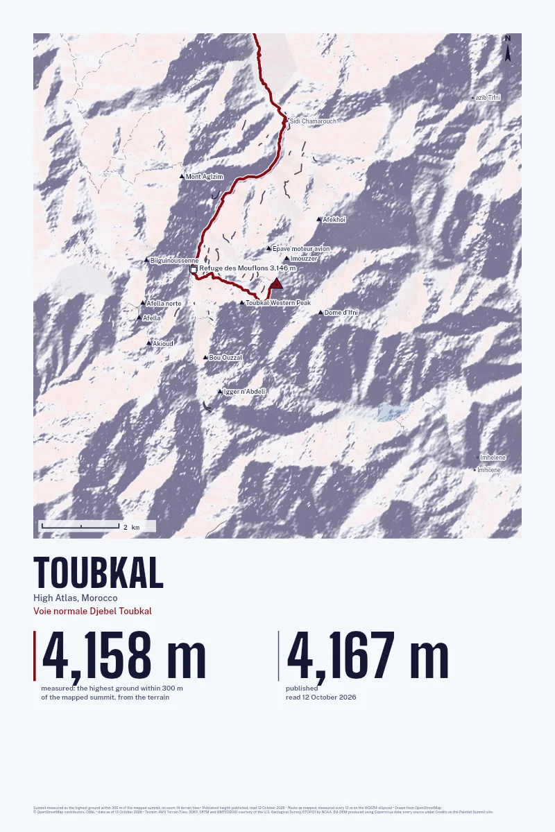 Toubkal in Relief on Alpenglow, with the Voie normale Djebel Toubkal in Blood Red and its camps named.