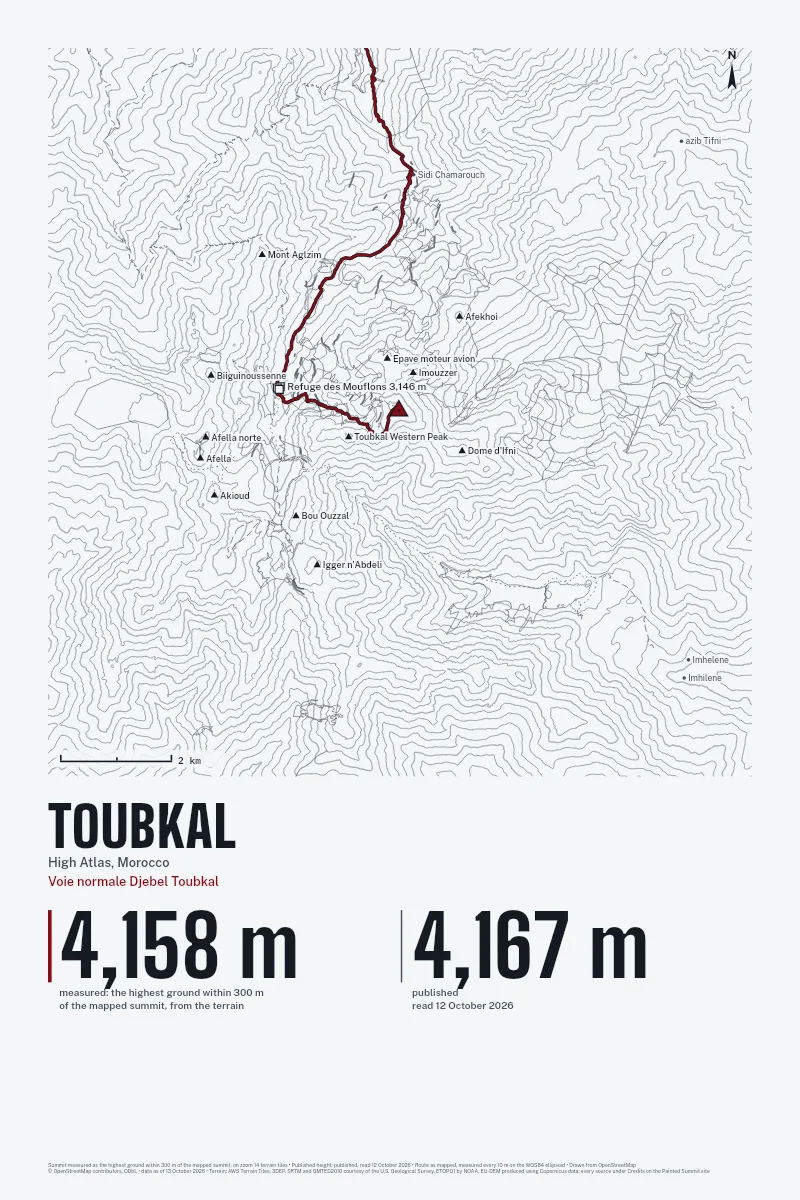 Toubkal in Survey on Ink, with the Voie normale Djebel Toubkal in Blood Red and its camps named.