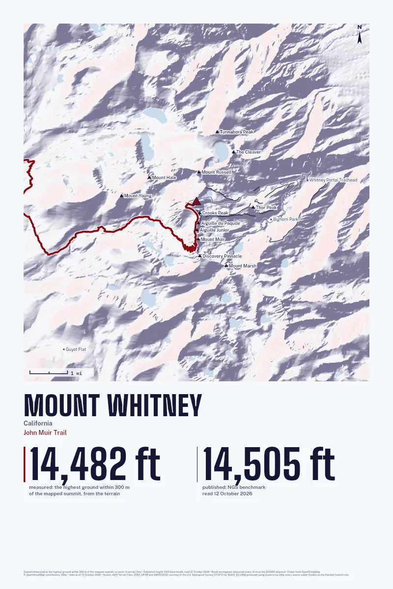 Mount Whitney in Relief on Alpenglow, with the John Muir Trail in Blood Red and its camps named.
