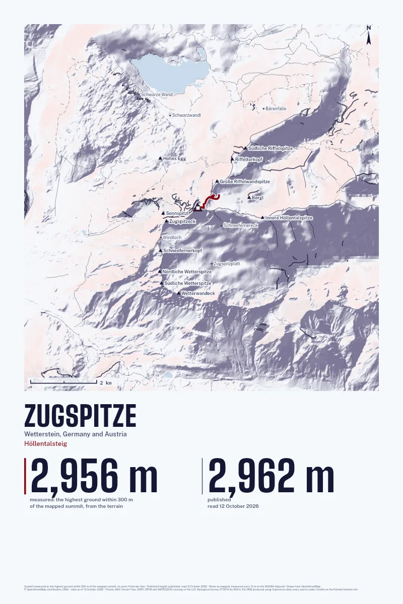 Zugspitze in Relief on Alpenglow, with the Höllentalsteig in Blood Red and its camps named.